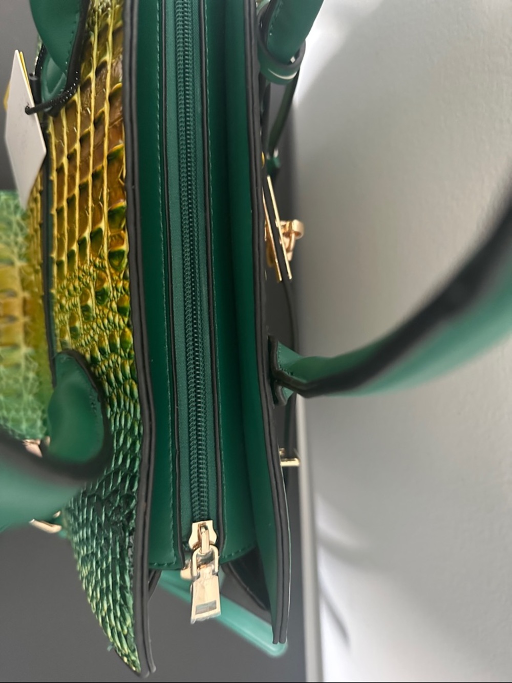 Green & Yellow Croc-Embossed Satchel with Detachable Strap - Picture 13 of 13